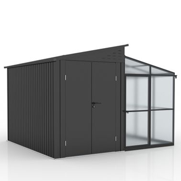 2 in 1 Metallschuppen mit Gewächshaus mit durchsichtigem PC, ca. 303 x 272 x 213 cm - Anthrazit
