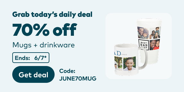 Grab today's daily deal. 65% off mugs and drinkware. Code: JUNE70MUG. Ends: 6/7, see site for details. Get deal.