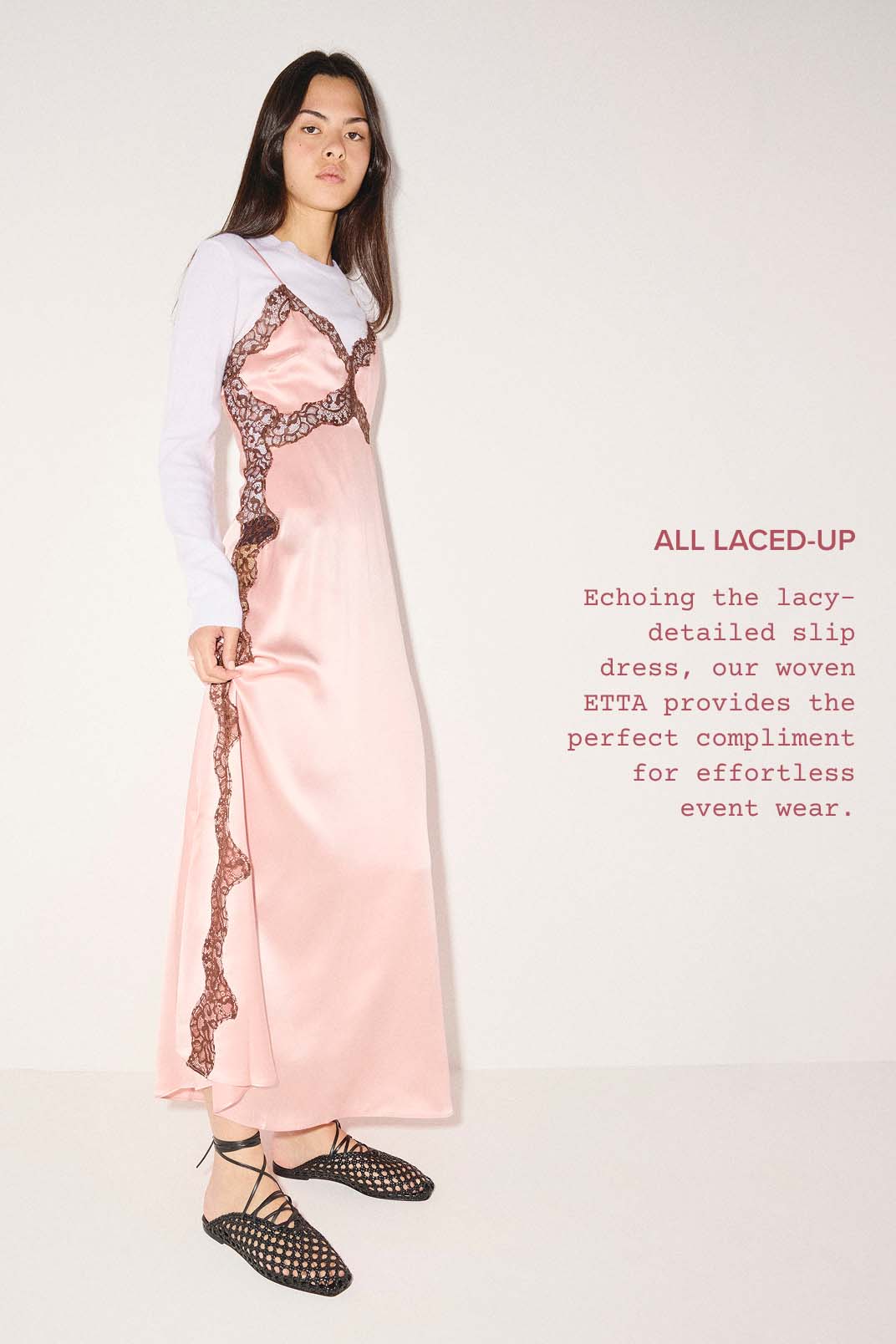 all laced up in a lacy slip dress and laced woven flats