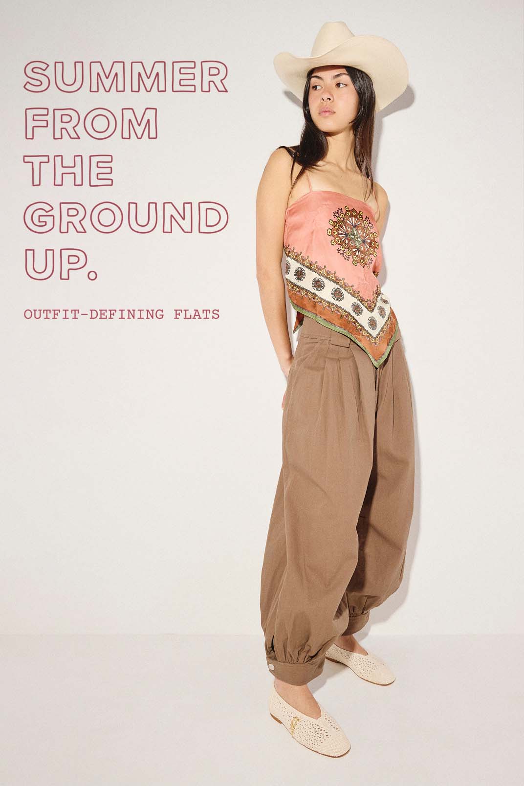 summer from the ground up: woman wearing cowboy hat and bandana top with outfit defining mesh flats 