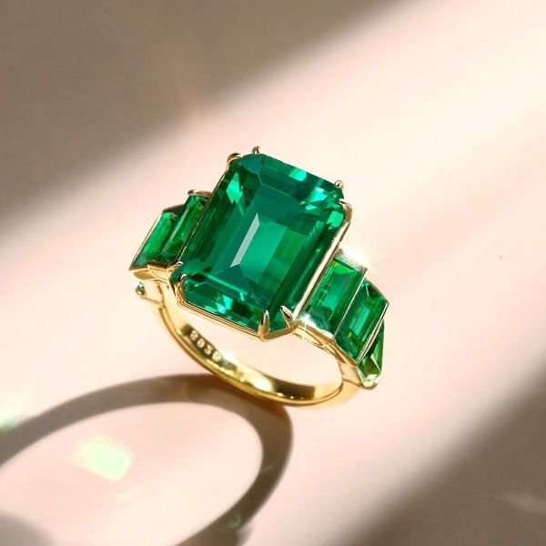 Golden Seven Stone Emerald Engagement Ring Unique Engagement Ring