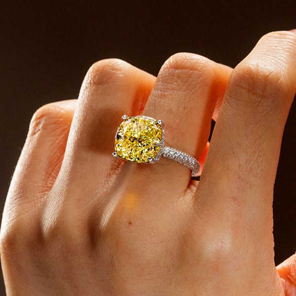 Yellow Topaz Hidden Halo Cushion Cut Engagement Ring