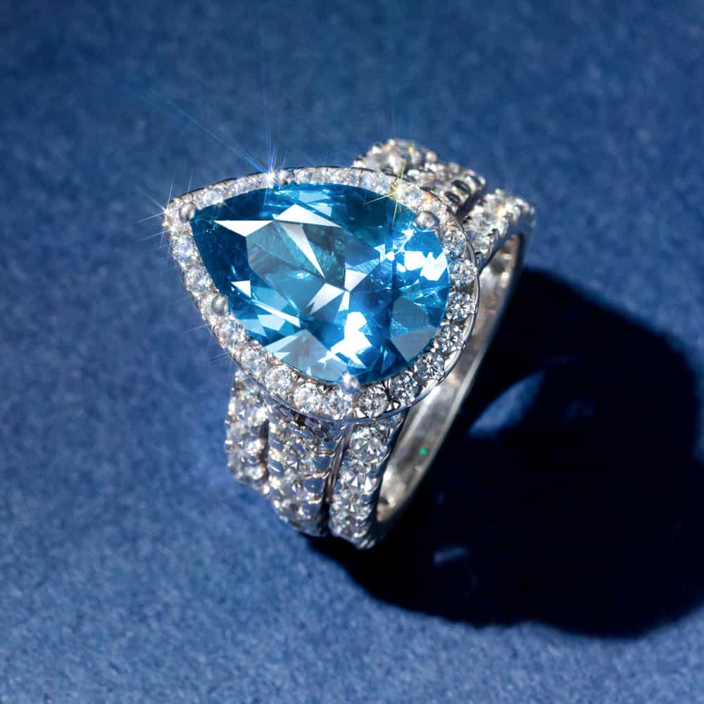 Italo Halo Pear Cut Blue Topaz Engagement Rings Sets Bridal Set