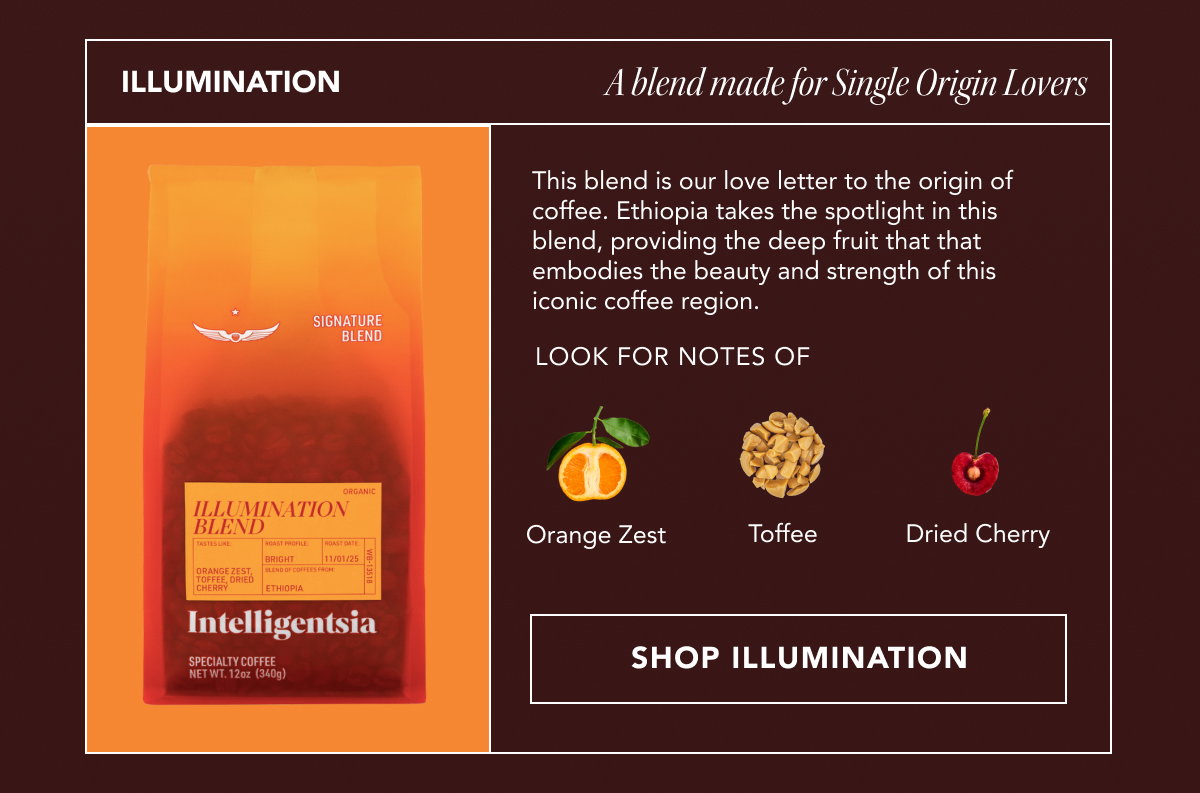 ILLUMINATION: A blend made for Single Origin Lovers. This blend is our love letter to the origin of coffee. Ethiopia takes the spotlight in this blend, providing the deep fruit that that embodies the beauty and strength of this iconic coffee region. Look for notes of orange zest, toffee, and dried cherry. | SHOP ILLUMINATION