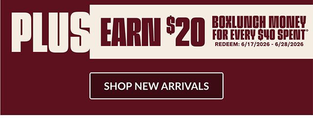 Plus Earn 20 Dollars in BoxLunch Money for Every 40 Dollars Spent. Redeem from 6-17-2026 to 6-28-2026. Shop New Arrivals