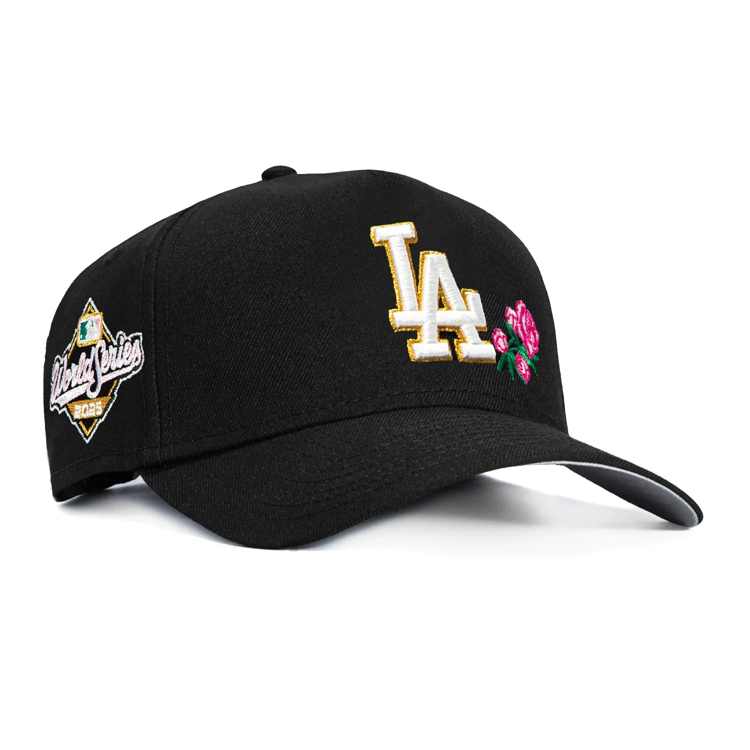 Image of New Era 9Forty A-Frame Los Angeles Dodgers 2025 World Series Patch Rose Snapback Hat - Black, Pink