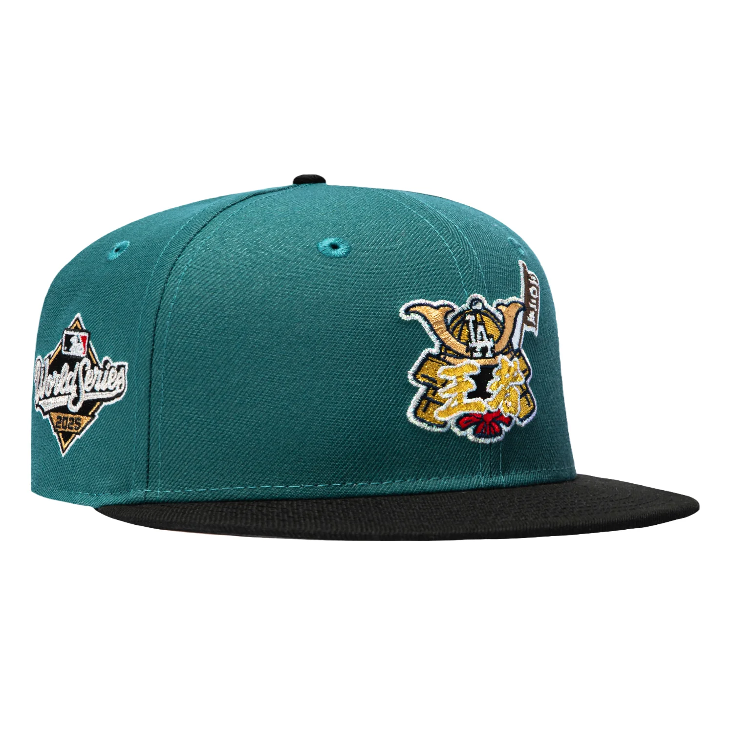 Image of New Era 59Fifty Los Angeles Dodgers 2025 World Series Patch Shogun Hat - Green, Black, Metallic Gold