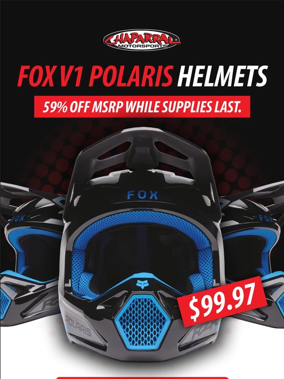 Fox V1 Polaris helmets — $99.97. (Yes, really.)