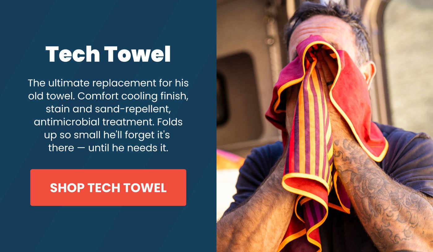 Rumpl Tech Towels are stain and sand repellent, have a comfort cooling finish, and have an antimicrobial treatment to fight funky odors.