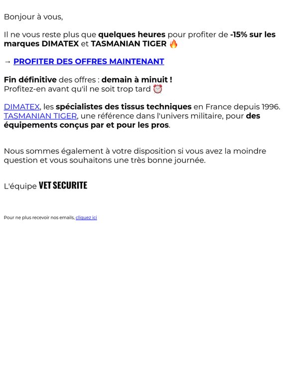 ⏰ Fin des réductions chez Dimatex et Tasmanian !