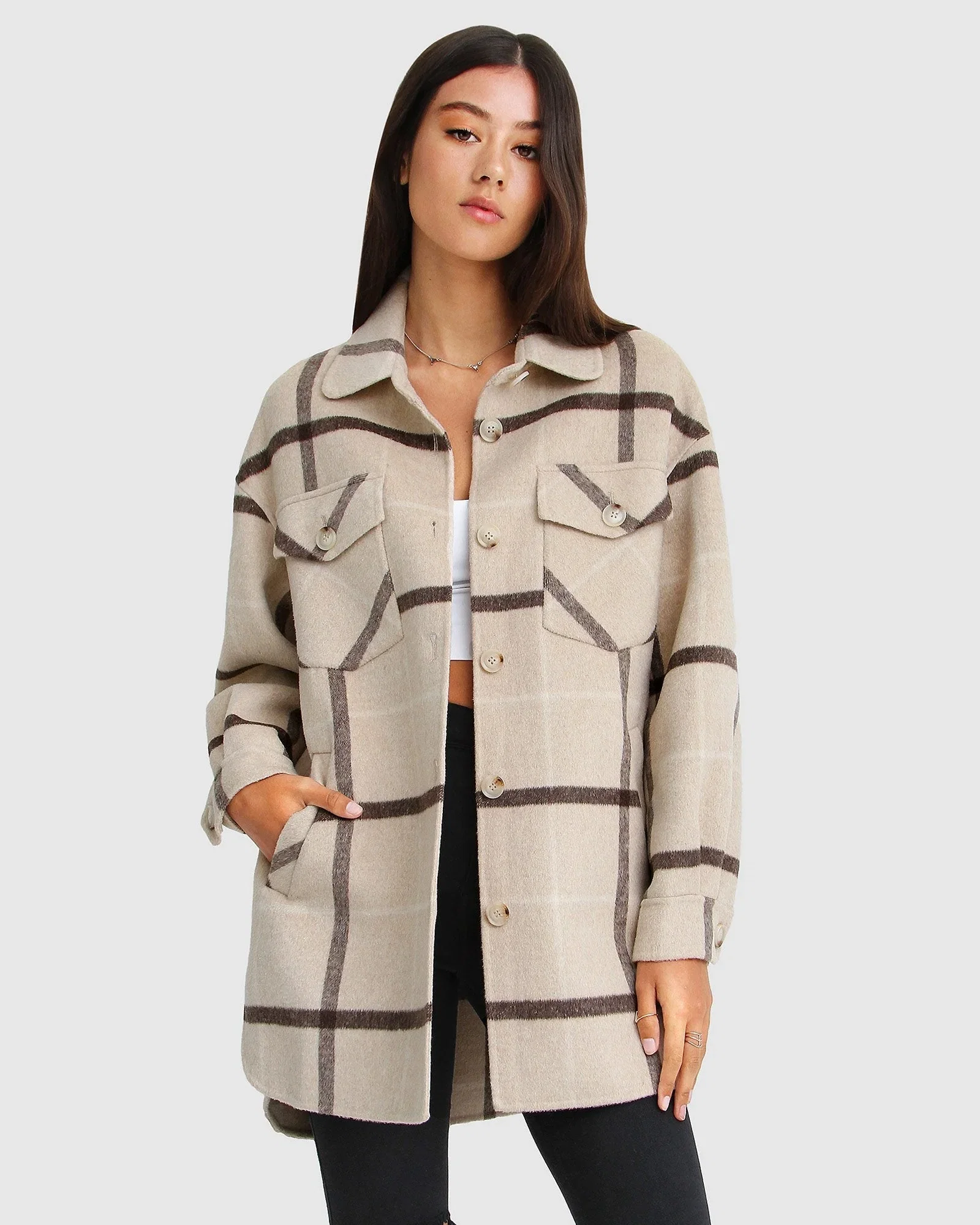 Image of River's Edge Wool Blend Plaid Shacket - Beige