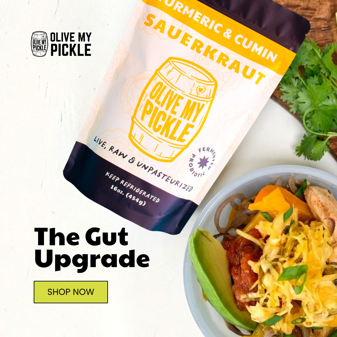 Olive My Pickle Turmeric & Cumin Sauerkraut pouch next to a bowl of food with sauerkraut, avocado, and cilantro, promoting 'The Gut Upgrade'.