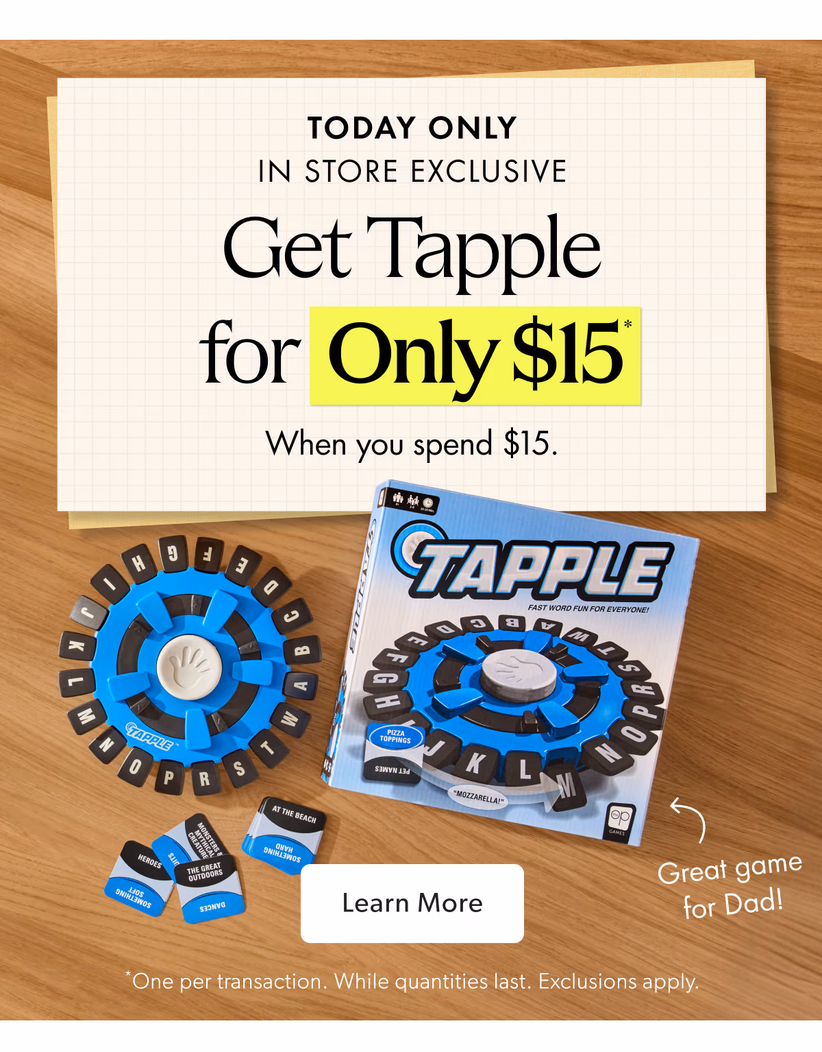 TODAY ONLY IN STORE EXCLUSIVE | Get Tapple for Only $15 When you spend $15.