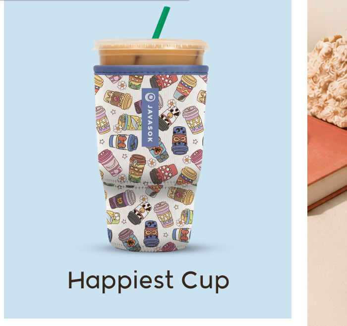 White cup with colorful café-themed icons.
