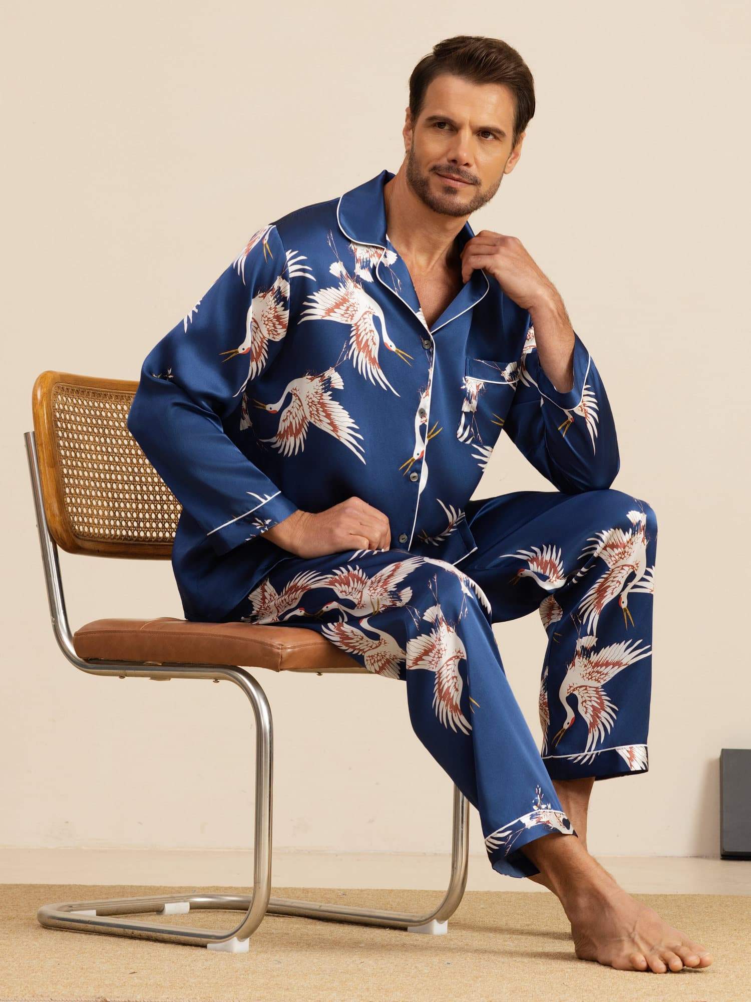 19Momme Pure Silk Men's Crane Print Long Sleeve Notch Collar Pajamas Set