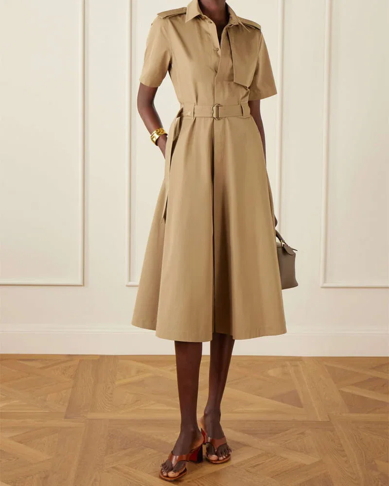 Chic Weekday Trench Style Belted Midi Dress
