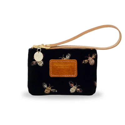 Coin Purse in Black Embroidered Bees