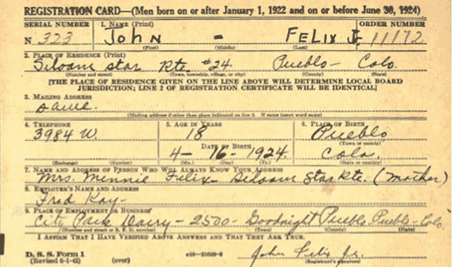 A registration card with personal details including name "John Felix," birth date "June 6, 1924," and contact information "3914 W Chuck," among other personal identifiers and official stamps.