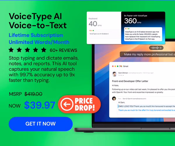 VoiceType AI Voice-to-Text: Lifetime Subscription (Unlimited Words/Month)