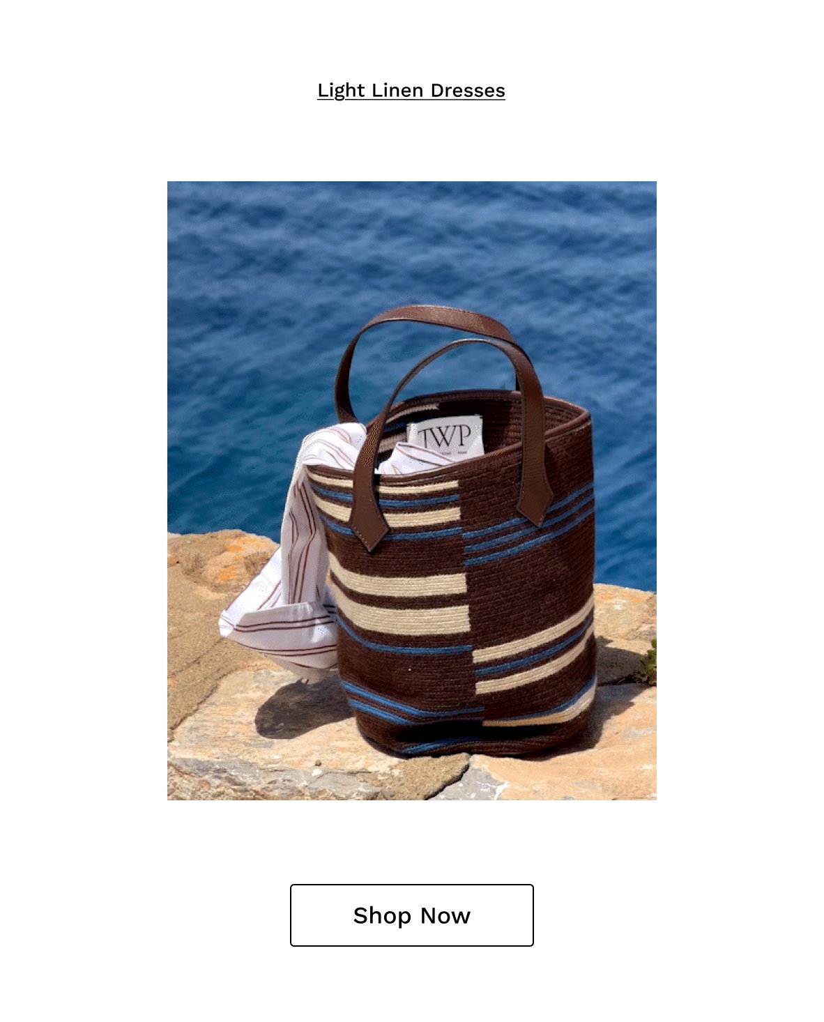 Black text followed by an image of a brown and blue bag and more black text beneath.