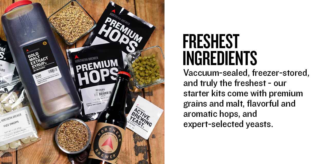 Freshest Ingredients Vaccuum-sealed, freezer-stored, and truly the freshest - our starter kits come with premium grains and malt, flavorful and aromatic hops, and expert-selected yeasts.