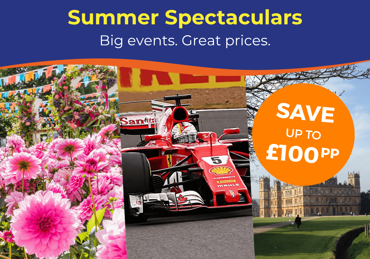 A collage of historical sites and figures, promoting five tours starting from £119 per person.