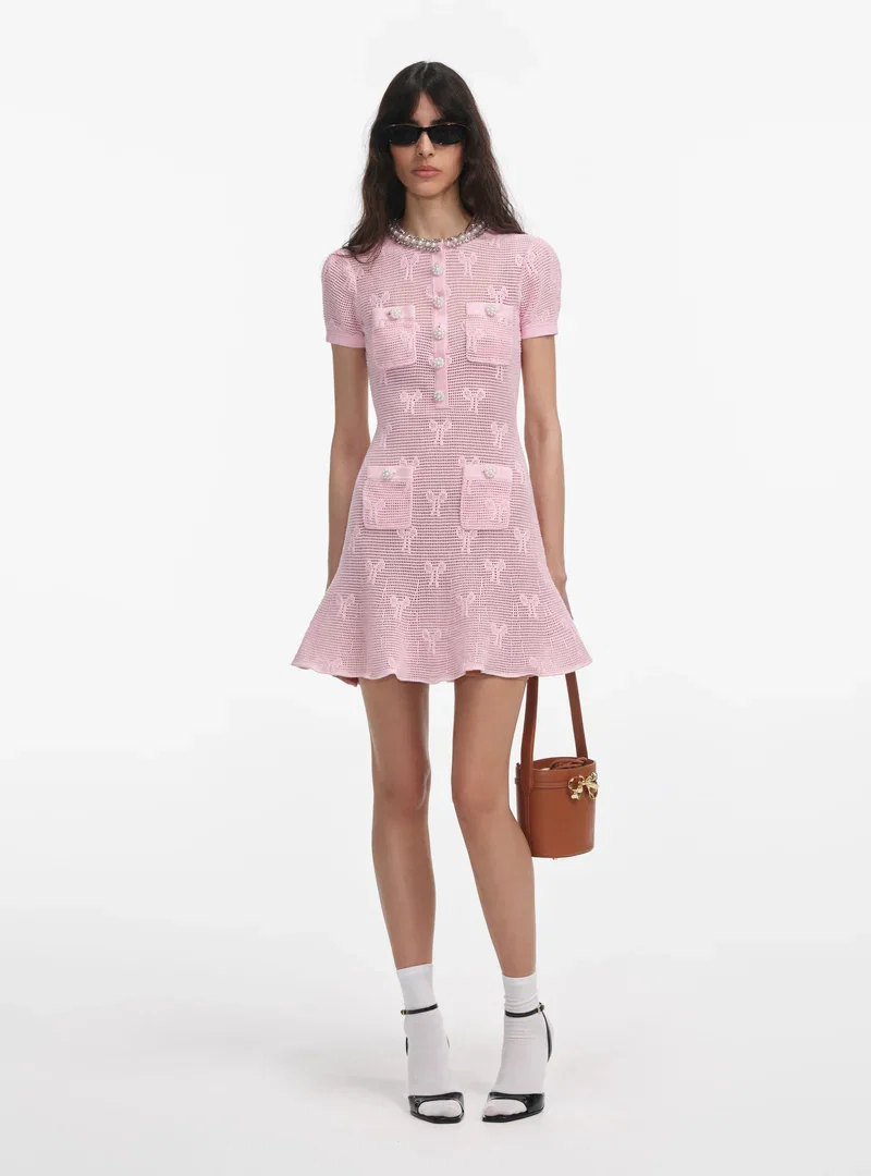 PINK BOW CROCHET CRYSTAL TRIM MINI DRESS