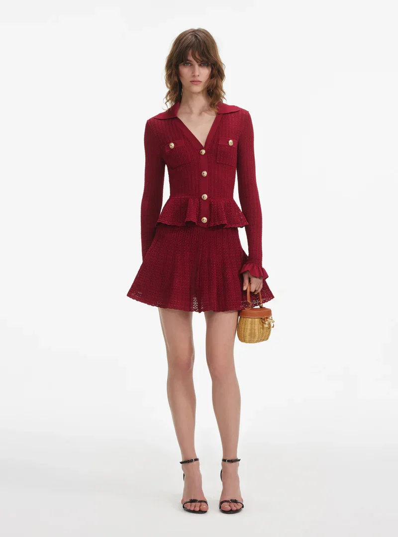 BURGUNDY POINTELLE KNIT MINI DRESS