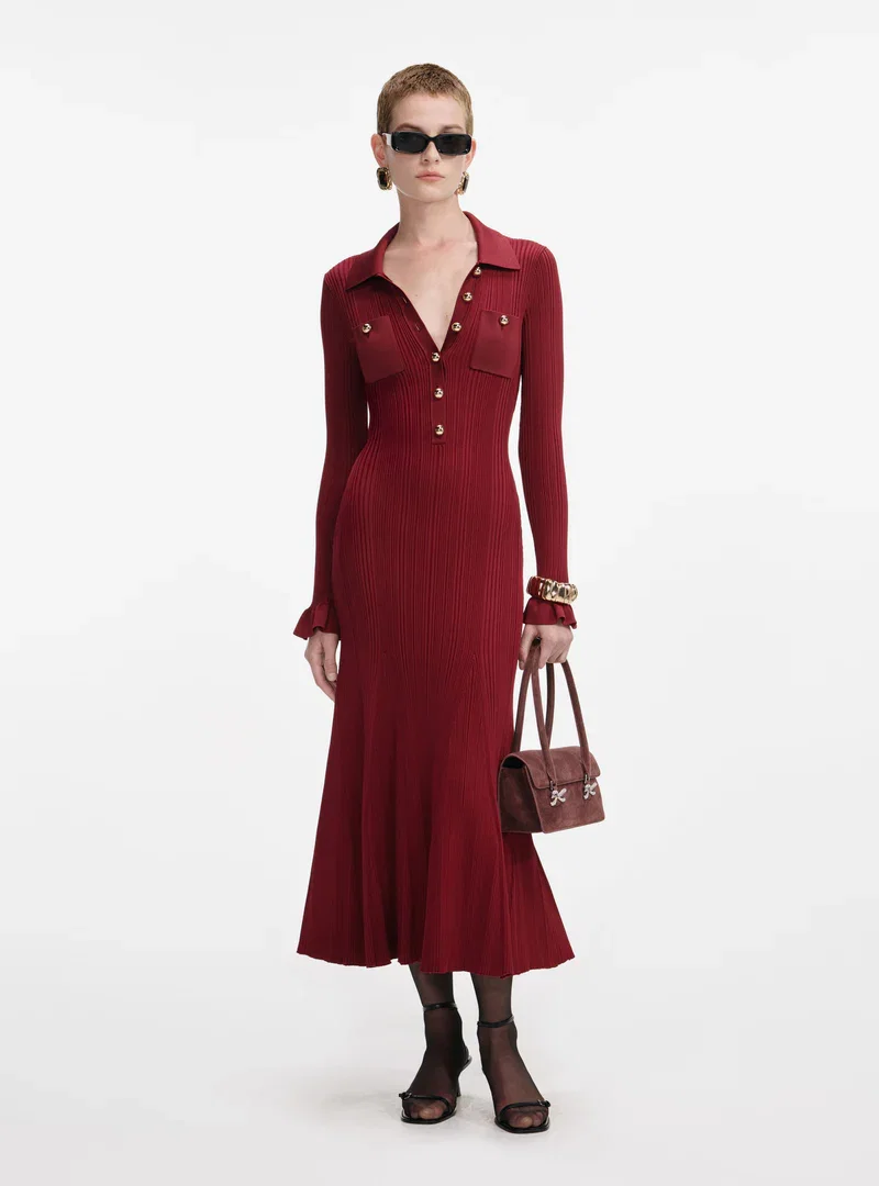 BURGUNDY RIBBED KNIT MIDI DRESS