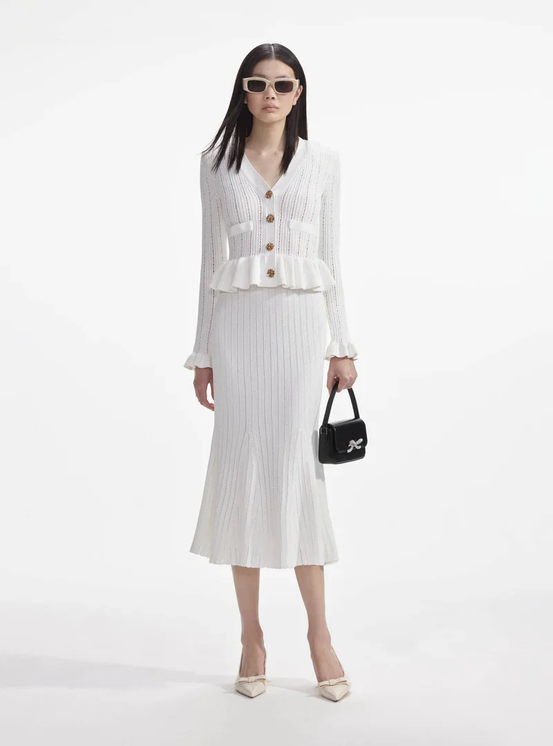 WHITE KNIT PEPLUM MIDI DRESS