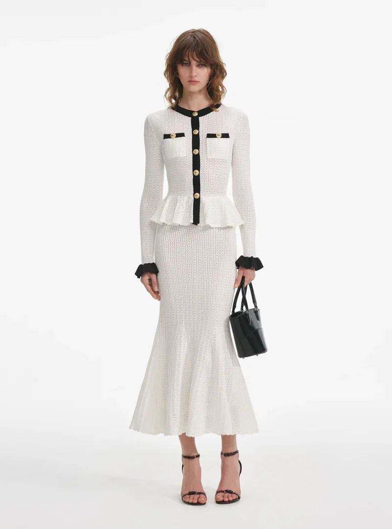 WHITE POINTELLE KNIT CONTRAST MIDI DRESS