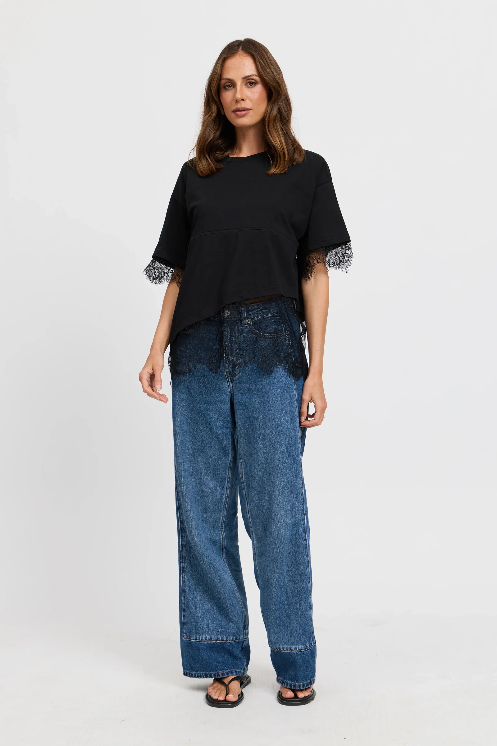 Image of Sutton Lace-Trim Asymmetrical Panel Tee - Black
