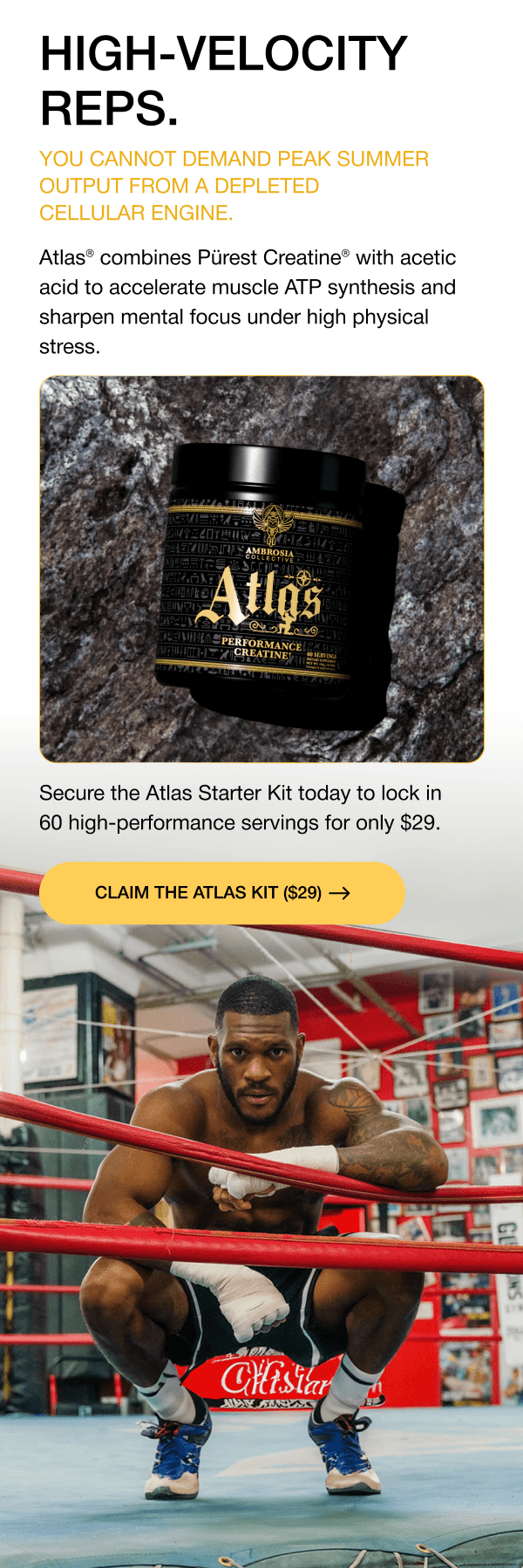 HIGH-VELOCITY REPS. You cannot demand peak summer output from a depleted cellular engine. Atlas® combines Pürest Creatine® with acetic acid to accelerate muscle ATP synthesis and sharpen mental focus under high physical stress. Secure the Atlas Starter Kit today to lock in 60 high-performance servings for only $29. CLAIM THE ATLAS KIT ($29)