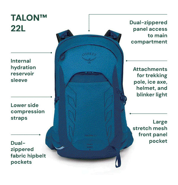 OSPREY TALON & TEMPEST 22L DAYPACK. Features dual-zippered panel access to main compartment; internal hydration reservoir sleeve; attachments for trekking pole, ice axe, helmet and blinker light; lower side compression straps; large stretch mesh front panel pocket; dual-zippered fabric hipbelt pockets.