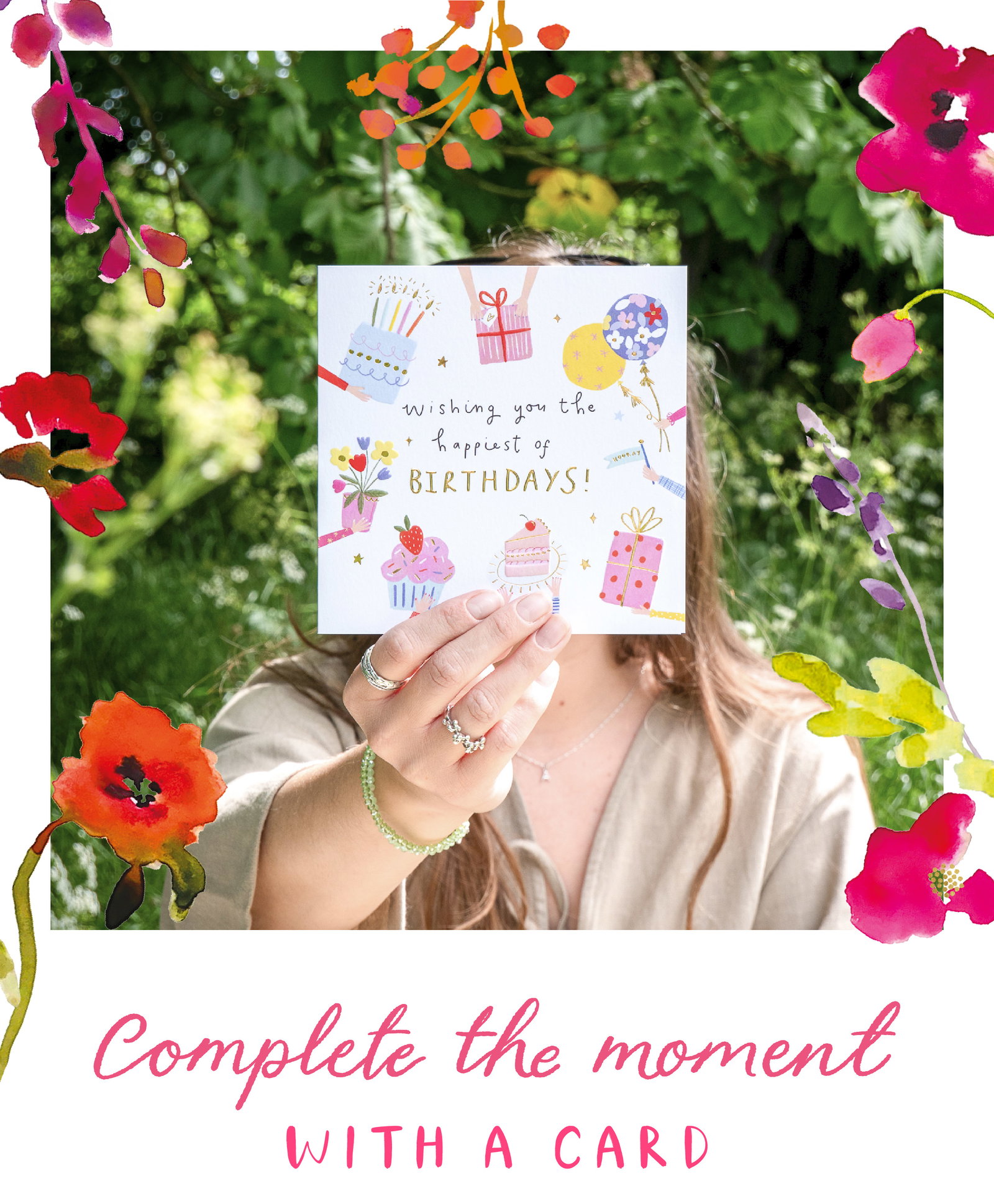 Birthday card held in a summer garden setting, surrounded by colourful floral elements from the Wildflower Whispers collection.