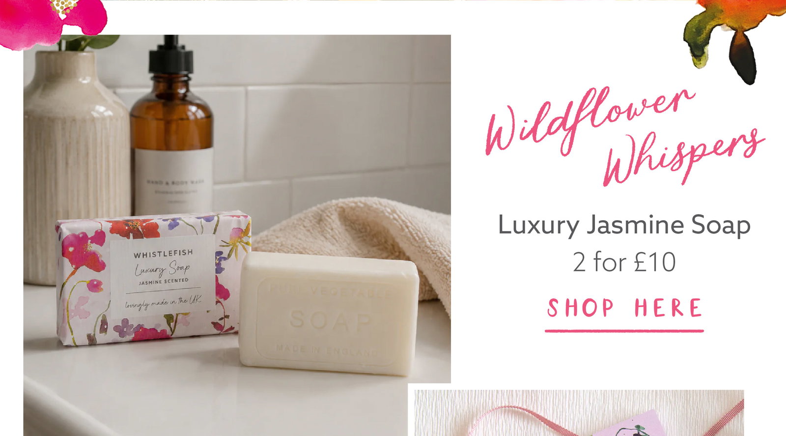 Wildflower Whispers jasmine scented soap displayed in a calm bathroom setting with soft neutral tones.