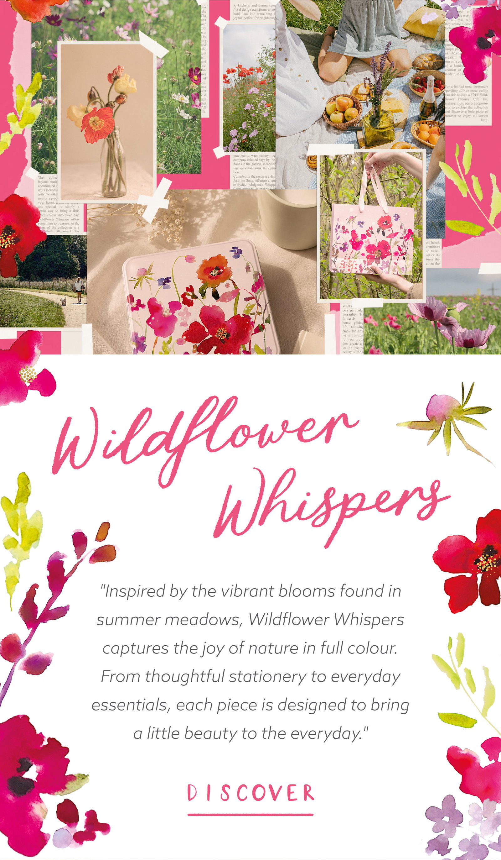 Wildflower Whispers mood board showcasing floral inspiration, stationery, gifting and summer lifestyle imagery.