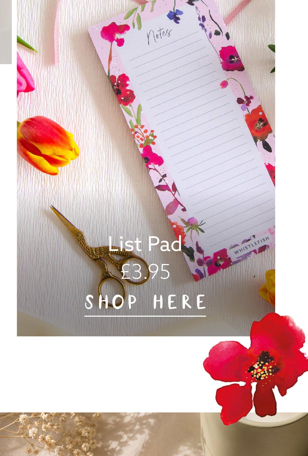 Wildflower Whispers floral list pad styled with vintage scissors and seasonal flowers on a light textured surface.
