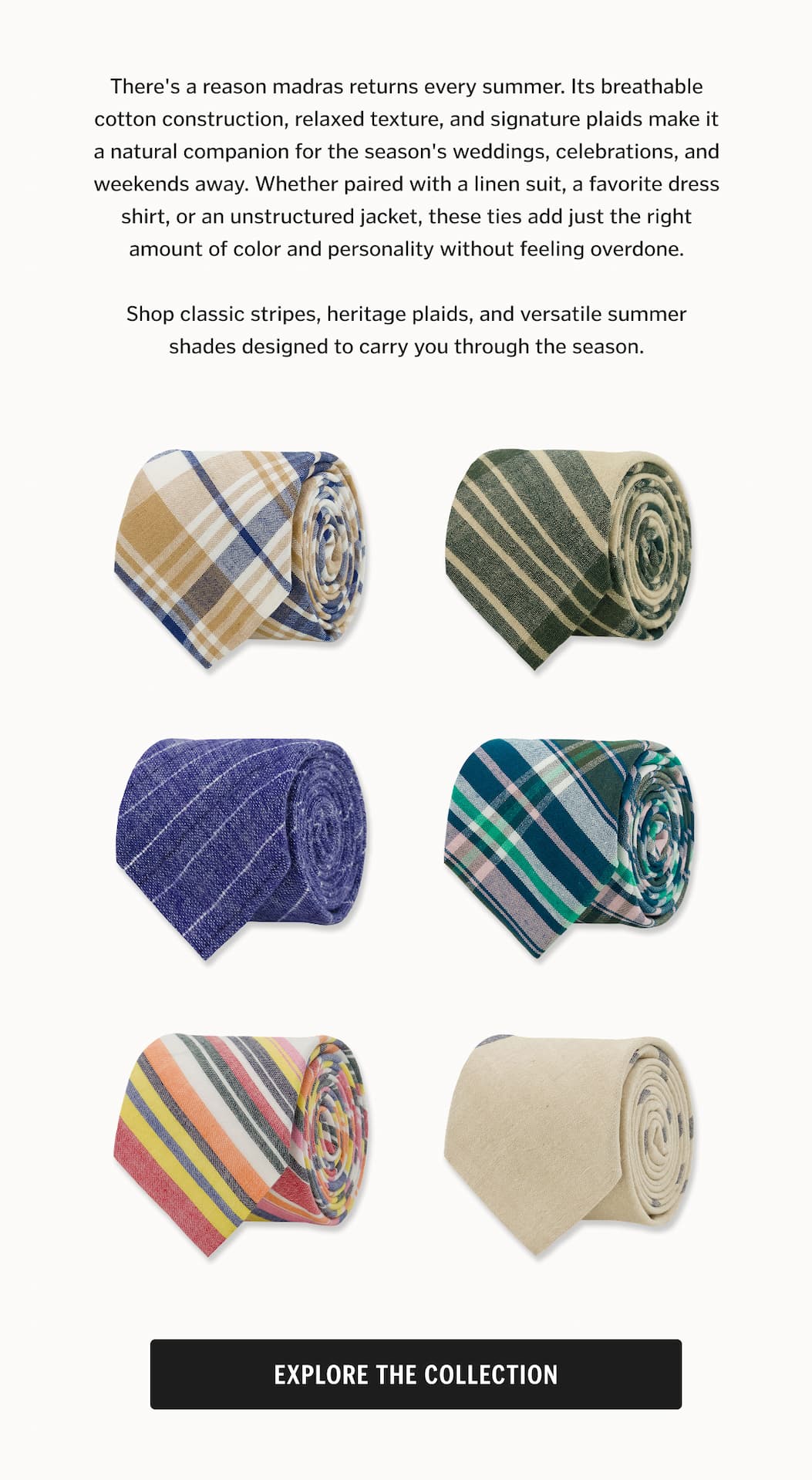 Born in Chennai, India and known for its lightweight cotton construction, madras has long been a warm-weather staple. Ours pairs classic stripes and sun-faded plaids with easy texture and breathable comfort. Photographed along Chicago’s lakefront and skyline, the collection feels right at home in the rhythm of summer in the city.