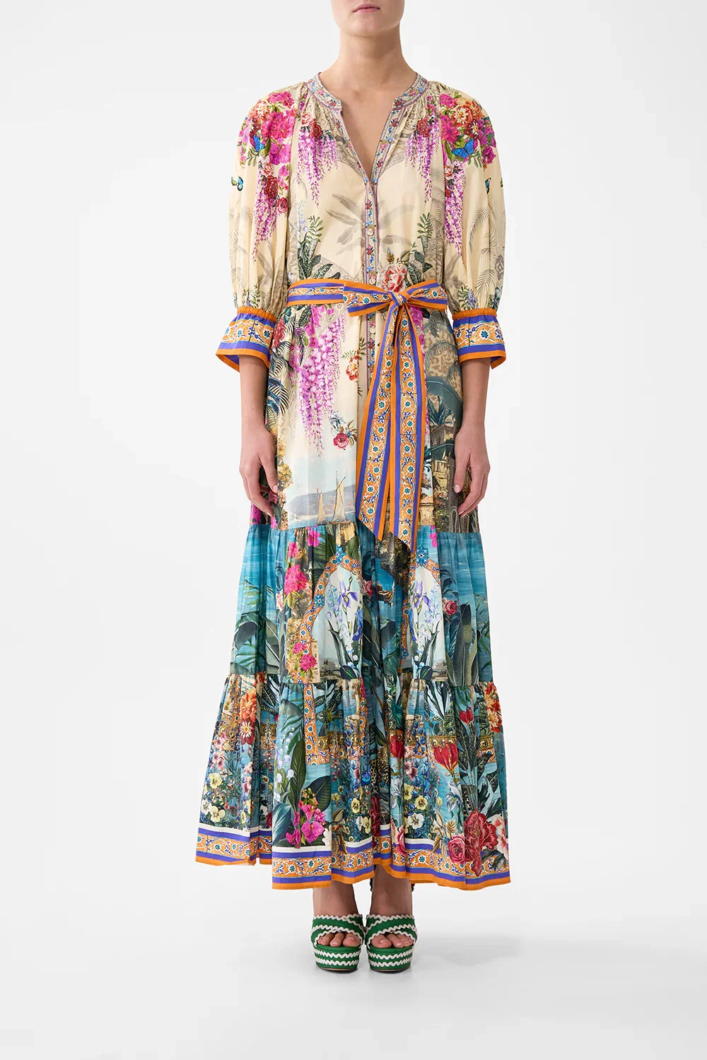 Image of TIERED SHIRT DRESS WITH SHORT SLEEVE BODRUM BOTANICALS