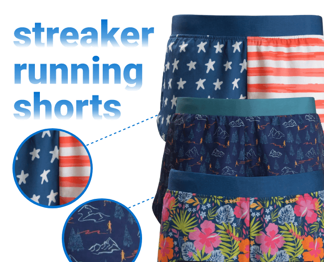 Three pairs of Streaker Running Shorts featuring tropical beach, mountain trail, and vibrant floral prints with fabric detail callouts.