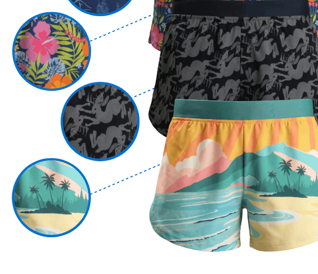 Three pairs of Streaker Running Shorts featuring floral, patriotic stars-and-stripes, and black abstract animal print designs.