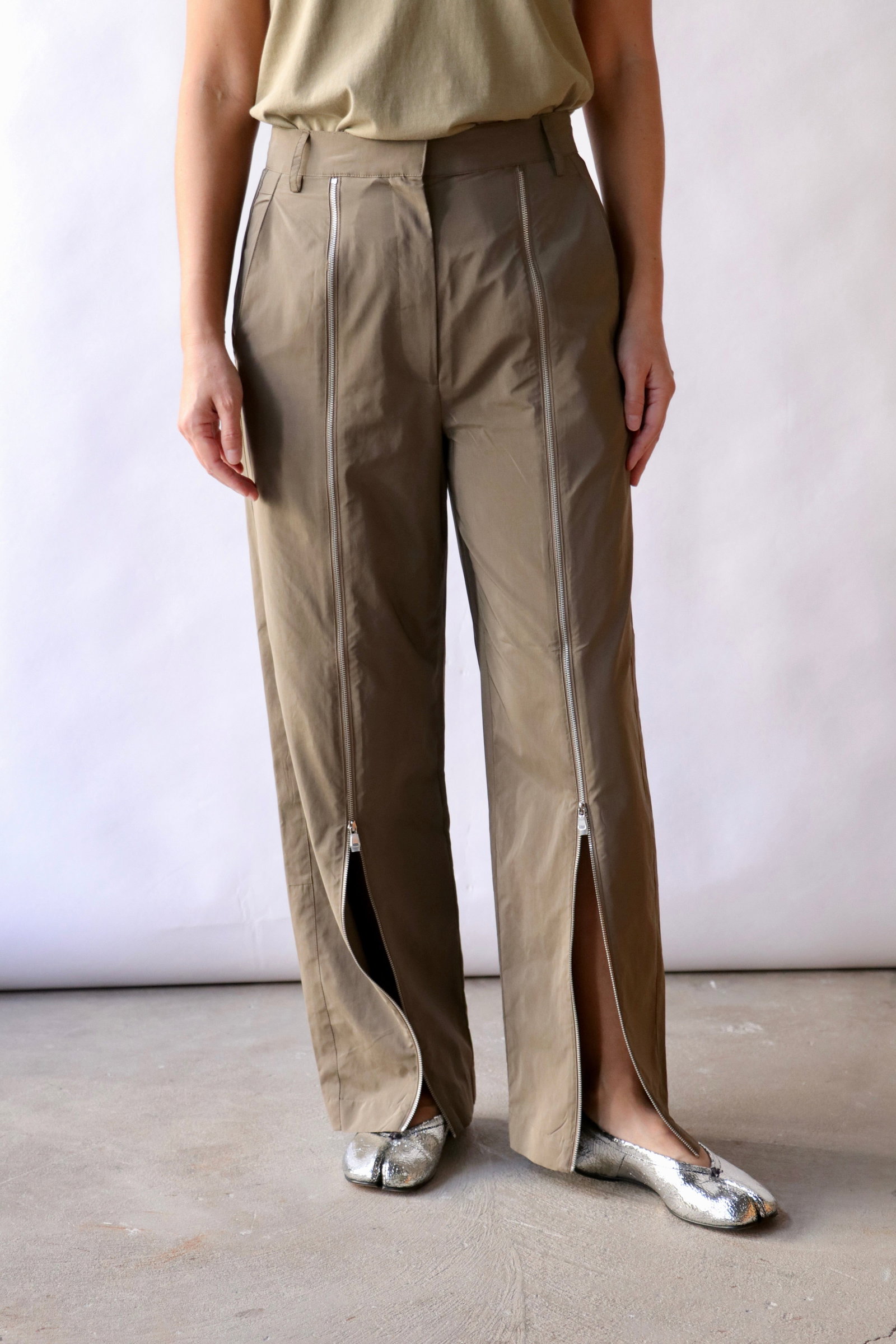 Tibi Nylon Zipper Trouser in Dark Taupe