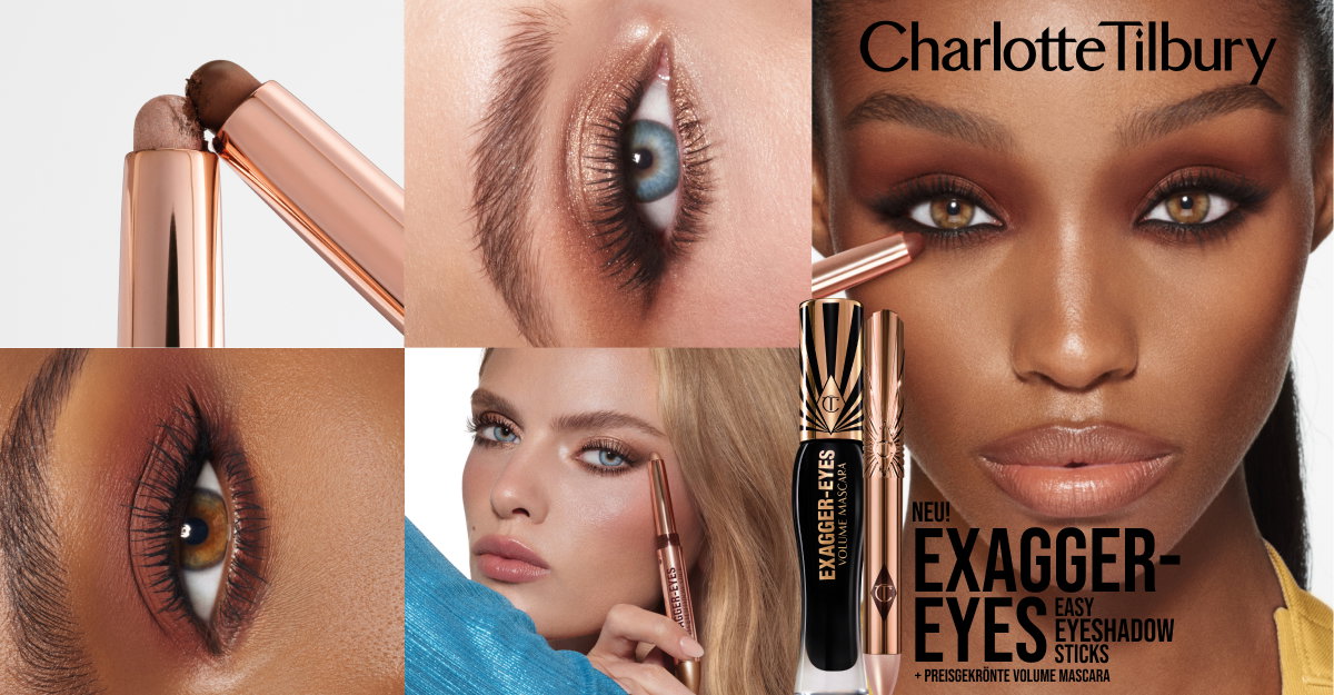 Erlebe mit Charlotte Tilbury's Exagger-Eyes Lidschattenstiften und preisgekrönter Volume Mascara einen ausdrucksstarken Augenaufschlag – jetzt erhältlich!