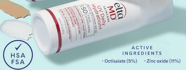 Product bottles laying on each other next to swatches. Octisalate (5%) and Zonc oxide (11%)