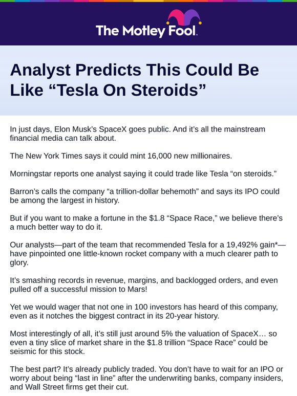 We picked Tesla before its 19,492%* run. Here’s 1 stock we like better than SpaceX