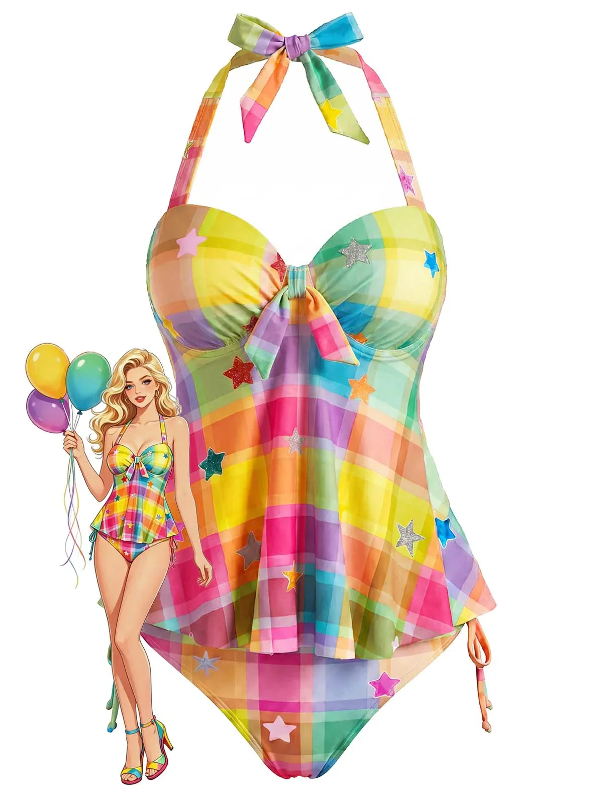 [Pre-Sale] Rainbow 1970s Plaid Star Halter Tankini Set