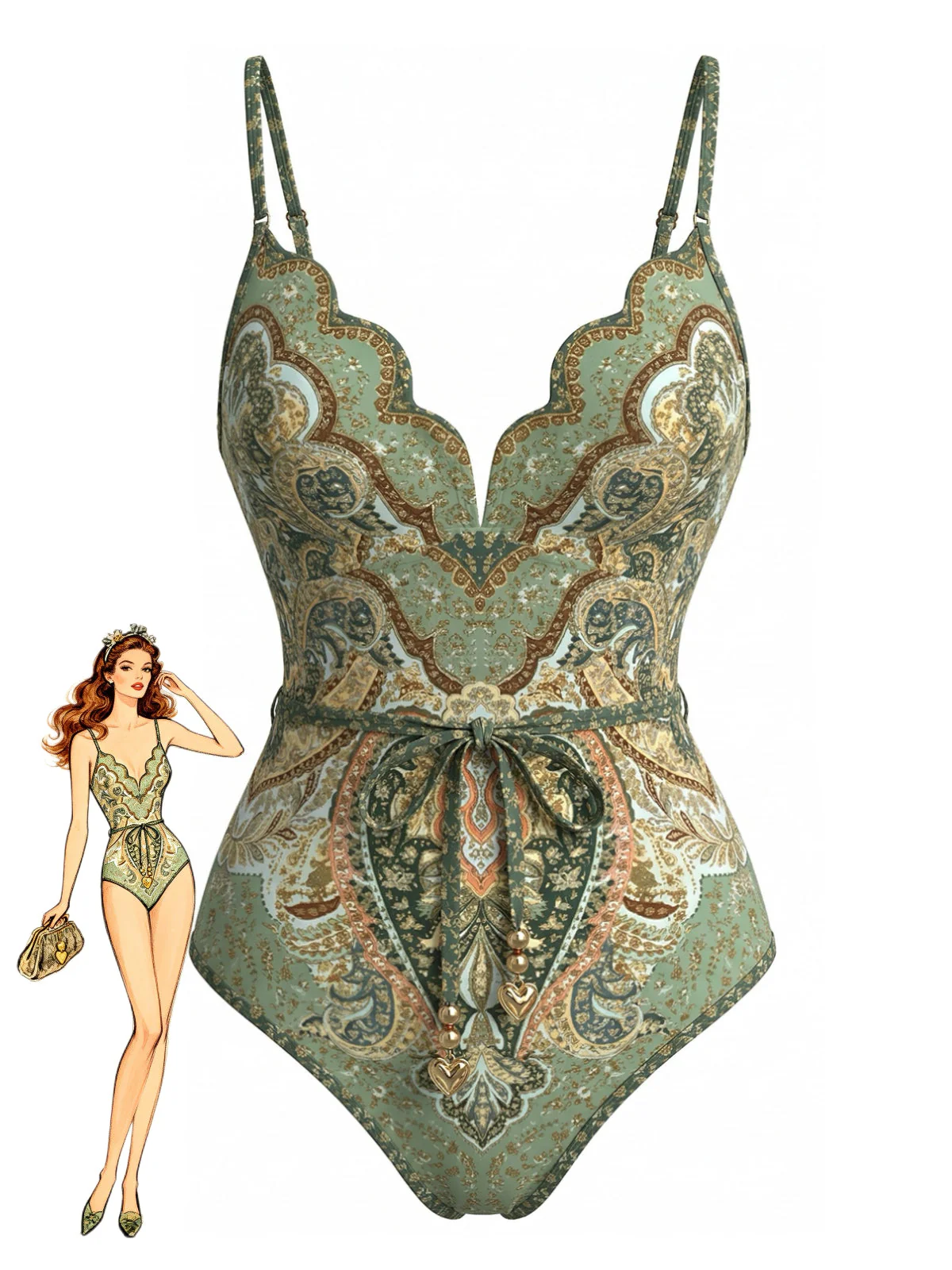 Green 1970s Bohemia Petal Collar One-Piece Swimsuit