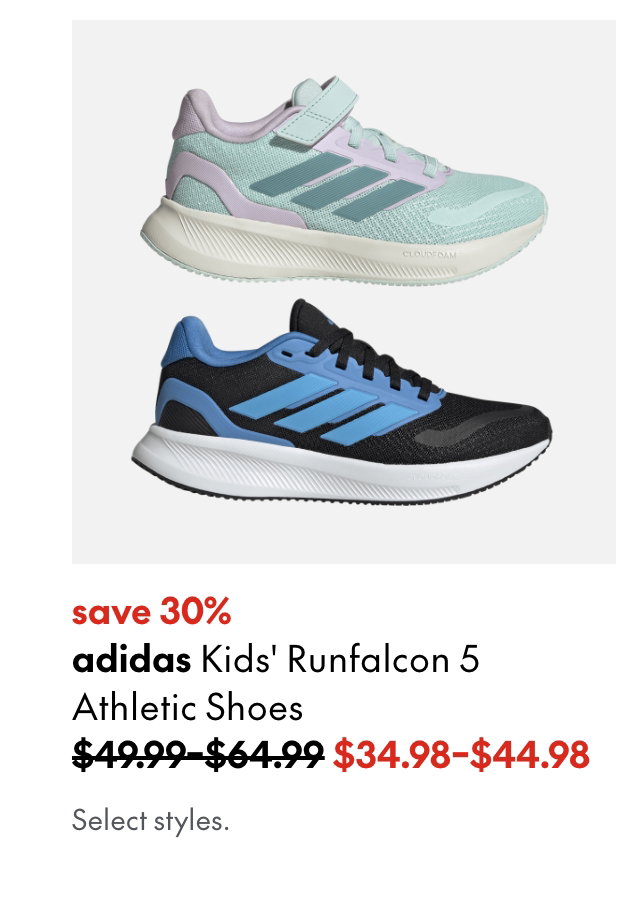 adidas Kids' Runfalcon 5 Athletic Shoes
save 30%
49.99 - 64. 99 (strikethrough)
34.98 - 44.98
Select styles.
