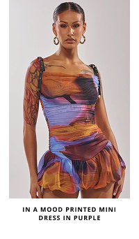 IN A MOOD PRINTED MINI DRESS IN PURPLE